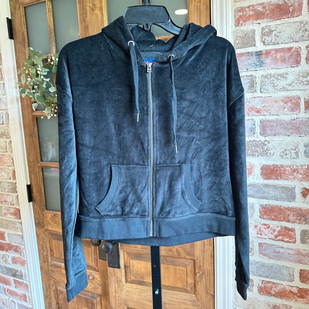 Aeropostale Velour Zip Up Hoodie Women M Black Cropped Y2K Velvet Soft Comfy NWT